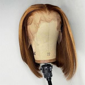 Honigblonde Highlight-Perücke, Echthaar, gerade, 13 x 4, Bob-Perücke, Spitzenfront, Echthaar-Perücken für schwarze Frauen, kurze HD-Spitze-Frontal-Perücke, 255 N