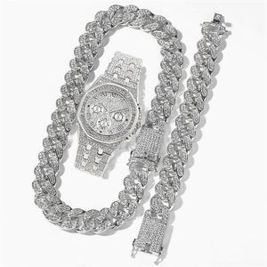 Catene Catena a maglie cubane Orologio ghiacciato Set di gioielli da uomo Collana Bracciale con orologio Hip Hop MiamiGirocollo africano con strass278E