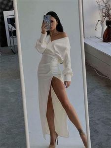 Casual Dresses Tossy V-Neck Backless High Split Maxi Dress For Women Off-Shoulder Waist Elegant Party Slim Pleated Fashion