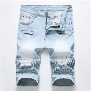 Jeans masculinos 2021 luz azul curto verão plissado denim shorts de alta qualidade homens algodão estiramento jean zíper casual203l