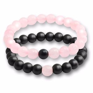 2 Pçs/set Pedra Natural Quartzo Rosa Contas Pretas Casal Distância Pulseira Para Homens Mulheres Strand Pulseiras Pulseiras Yoga Amante Jóias Presentes