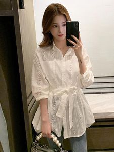Женские блузки, хлопковая туника, рубашка с длинным рукавом, женская элегантная молодежная корейская одежда на шнуровке, тонкий ажурный белый топ, прозрачная одежда 2023