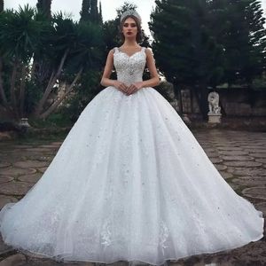 Vestido de baile vestidos de casamento marfim vestidos de noiva branco formal querida sem mangas tule renda applique cristal frisado plus size rendas até zíper novo personalizado