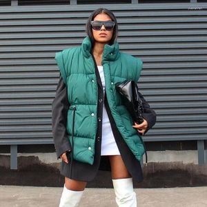 Women's Vests Green Thicken Warm Quilted Vest Women Fashion Drawstring Single Breasted Jacket Autumn Winter Casual Cotton-padded Coat