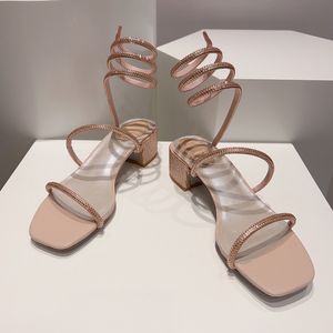 Design classico Rene Caovillaa tacchi grossi sandali Rhinestone scarpe da sera bianca abbellite da donna designer di lusso ad alto tacco scarpa abito avvolgente