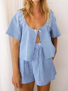 Women's Sleepwear Restve Blue Plaid Pajamas For Women 2 Piece Sets O Neck Lace Up Short Sleeve Female Suits With Shorts Autumn Casual