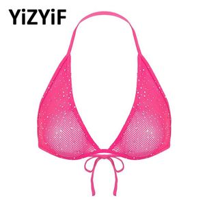 Bras Women Triangle Bra Tops Shiny Rhinestone Halter Neck Hollow Out Fishnet Cups Soft Comfortable Sexy Sheer Bralette244l