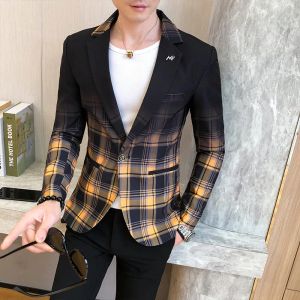 Men's Suits & Blazers Luxury Wedding Business Clothing Male Blazers Masculino Spring British Style Plaid Blazer For Men Suit Jacket Casual Dress Coat