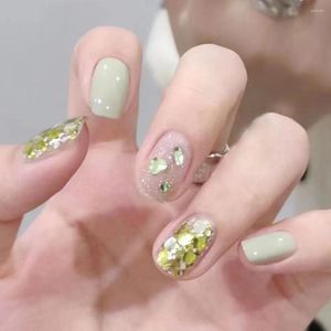 False Nails 24Pcs Glitter Green Sequins Press On Wearable Fake Manicure Salon DIY Tips Rhinestone Decor Acrylic Patch