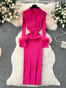 Casual Dresses SINGREINY Senior Knitted Slim Dress Turndown Collar Long Sleeves Feathers Decoration Autumn Fashion Women Bodycon Striped