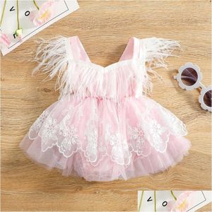 Abiti da ragazza Ragazza Infantile Baby Princess Pagliaccetto Abito carino senza maniche Piuma Nappa Pizzo ricamato Tle Tutu per la festa di compleanno 0-24M Dhzqm