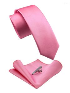 Bow Ties 2.4" Solid Color Skinny Men's Pink Silk Necktie Pocket Square Clip Set Luxury Neckties For Man Accessories Wedding Party