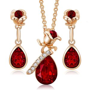 Düğün Mücevher Seti Moda Ruby Gül Çiçeği ve Damlacık Şekli Kolye Kolye Küpeler Kadınlar İçin Set Yıldönümü Hediyesi Hediyesi 230909