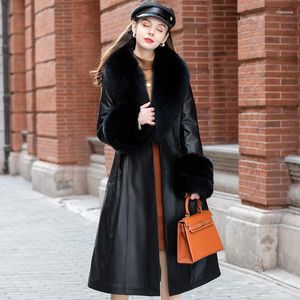 Giacca in pelle da donna Collo in vera pelliccia Cappotto invernale Donna Lungo vero piumino caldo femminile Trench nero C2023