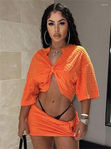 Work Dresses 2023 Streetwear 2 Two Piece Dress Sets Skirts Short Sleeve Crop Tops Mini Skirt Matching Orange Irregular Suits