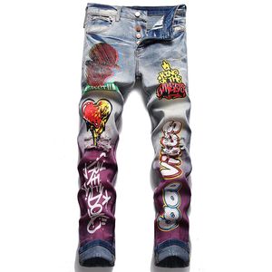 Retro Blue Risted Męskie dżinsy Sym Szczupły Drukowanie i farbowanie dżinsowych spodnie Modne Spodnie Graffiti Vaqueros de Hombr232U