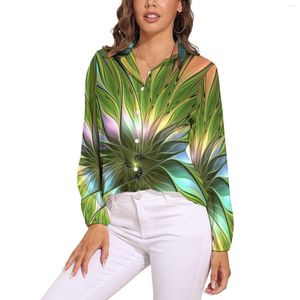 Blusas femininas luminosa fantasia flor blusa abstrata floral impressão bonito design feminino manga longa camisas de rua oversized topos