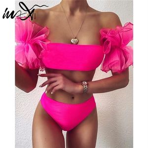 In-X Mesh Rüschen Badeanzug weiblich Sexy Bandeau Bikini Trägerlose Bademode Damen Hohe Taille Set Schwarz Rosa Badeanzug 220221270I