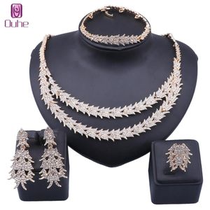 Bridal Dubai Gold Crystal Wedding Necklace Bracelet Earring Ring Jewelry Sets Nigerian Party Women Fashion Jewelry Set253v