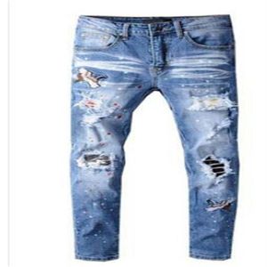 Venda de qualidade superior marca designer amr homens denim jeans finos calças bordadas moda buracos calças eua tamanho 28-40185m