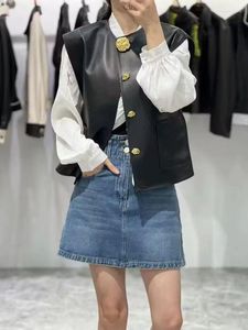 Kvinnors läder äkta väst kvinnor avslappnad lös stil 2023 koreanska modejackor ärmlös kvinna