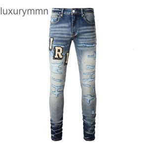 Denim Amiryes Jeans Designer Pants Man Mens Jean Thom American High Street Fabric Sticker Letter Blue Ejressed 8826 XXQ5