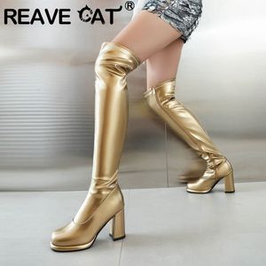 Stivali Reave Cat Fashion Testa Talta di punta rotonda Tambini da 85 cm Piattaforma Zipper Plus 47 48 Sexy Party Ladies Stretch Booties 230911