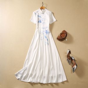 2023 White Print Panelled Satin Dress Short Sleeve Stand Collar Buttons Long Maxi Casual Dresses S3G120809