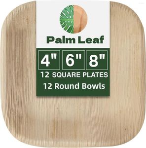 Stoviglie usa e getta 12 pezzi Piatti in foglia di palma 4/6/8 pollici Bambù come una piccola cena quadrata compostabile ecologica