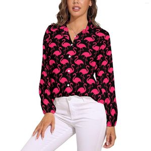 Blusas femininas rosa flamingos padrão blusa solta bonito animal impressão rua moda oversized feminino manga longa camisa de escritório personalizado topo