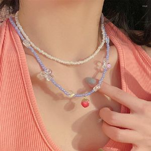 Anhänger Halsketten 2 stücke Süße Honig Pfirsich Kristall Perlen Halskette Frauen Schmetterling Doppelschichtige Kragen Kette Bunte Choker Böhmen