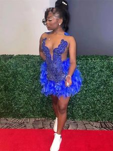 Royal Blue Feathers Short Prom Dress Black Girls Sparkly Beaded Crystal Diamond Birthday Party Gowns Mini Tail Homecoming Wears 322 322 322