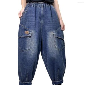 Kadınlar kot pantolon geniş bacaklı kişilik eklemesi All-mwch, eski elastik bel mavi harem pantolonları bolca rahat seyahat kot pantolon