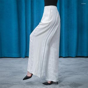 Calças femininas seda jacquard crescente branco cintura natural mulheres ke508 plissado lado invisível puxar refrescante calças largas perna