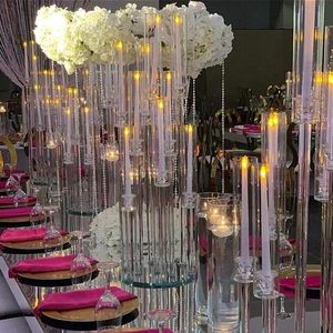 Party Decoration Whole 10 Arms Long Stemmed Modern Clear Acrylic Tube Hurricane Crystal Candle Holders Wedding Table Centerpie287m