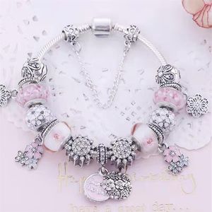 18 till 21 cm persika blossom charm pärlarmband söt mamma charms hänge fit silver armband eller ormkedja diy smycken tillbehör 314b