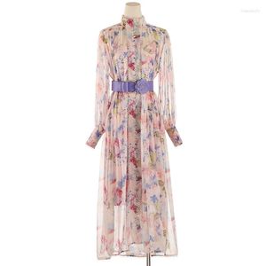 Casual Dresses PHOEBE HZ 2023 Early Autumn Style Lantern Sleeve Button Butterfly Printing Belt Dress Holiday Maxi Female