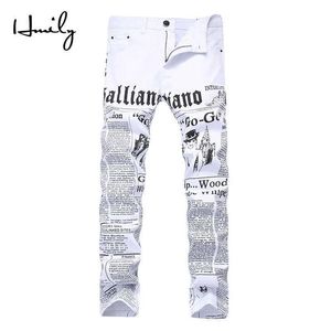 Hmily High Street Moda Erkek Kot HEGH CLUB Beyaz Renk Kişisel Tasarımcı Baskılı Kot Punk Pants Sıska Hip Hop kot pantolon x0307p