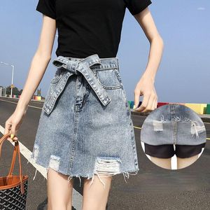 Röcke Mode 2023 Sommer Frauen Hohe Taille Zerrissene Bogen Denim Weibliche Koreanische Alle-spiel A-line Chic Rock Casual Streetwears