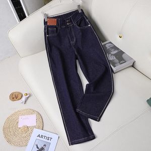 Women's Jeans Patches Straight Woman Stretch High Waist Double Buttons Ankle Length Casual Pants Female Autumn 2023 Mujer Elastic Denim