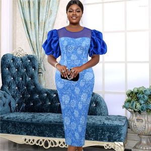 Ethnic Clothing Blue African Dresses For Women 2023 Arrival Summer Elegant Party See-through Puff Sleeve Print Long Maxi Dress Robe Cocktail