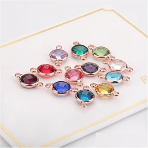 Charms Diy Jewelry Double Hook Charms 18K Gold Plated 8Mm Round Crystal Birthstone For Wholesale Drop Delivery Dhw97