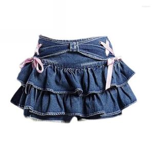 Kjolar blå denim veckad kjol y2k estetisk söt rosa båge snörning ruffles cake mini harajuku kvinnor kawaii korta 90 -talet