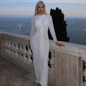 Casual Dresses Ribbed Knitted Full Sleeve Long Dress Women Elegant Striped See Through Solid Bodycon Maxi Club Party Outfits