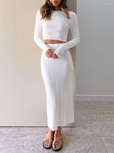 Röcke Frauen 2 stücke Outfits Einfarbig Lange Ärmel Stricken Kurze Tops Hohe Taille 2 Stück Kleidung Set Party Streetwear