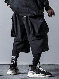 Herr shorts techwear splic män mörk stil high street streetwear elastic midja smala byxor hösten svart culottes man