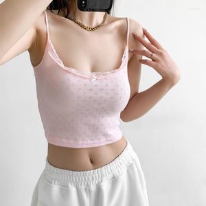 Damen-Tanktops Damen-Tanktop mit Ösen, U-Ausschnitt, Spitzenbesatz und Schleife