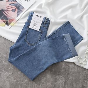 Kvinnors jeans Hög midja rakt höst Retro Blue Stretch Croped Pants 2023 Versatile Tassel Denim Trousers