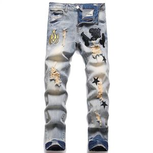 Mens Jeans Designer Letter Printing High Quality Distressed Motorcykelcyklist Jean Five Pointed Star Hole Skinny Slim Tight Ripped 213f