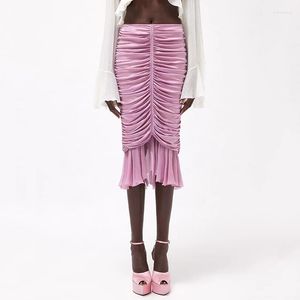 Skirts 2023 Autumn Temperament Elegant Slim Thin Medium-length Half-body Skirt Y2k Hundred With Ruffle Pleated Ladies